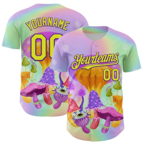 3DPattern7954 Custom Purple Neon Yellow 3D Pattern Design Trippy Psychedelic Magic Mushrooms Authentic Baseball Jersey