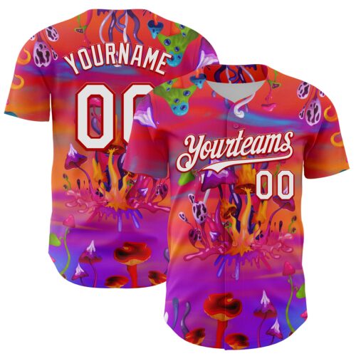 3DPattern7955 Custom Red White 3D Pattern Design Trippy Psychedelic Magic Mushrooms Authentic Baseball Jersey