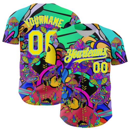 3DPattern7972 Custom Green Light Yellow-Ice Blue 3D Pattern Design Trippy Magic Mushrooms Hippie Authentic Baseball Jersey