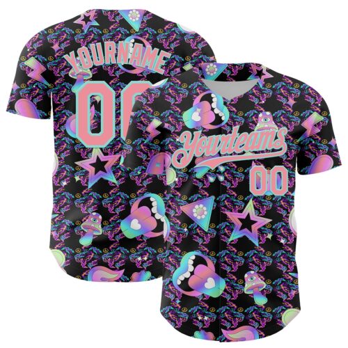 3DPattern7973 Custom Black Medium Pink-Ice Blue 3D Pattern Design Trippy Magic Mushrooms Peace Sign Authentic Baseball Jersey
