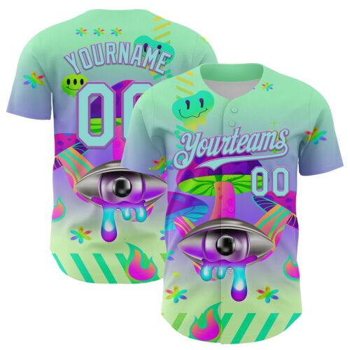 3DPattern7977 Custom Green Ice Blue-Medium Purple 3D Pattern Design Trippy Magic Mushrooms Acid Authentic Baseball Jersey