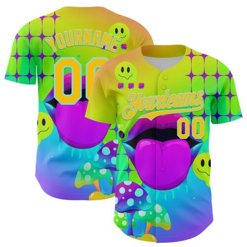 3DPattern7979 Custom Green Yellow-Ice Blue 3D Pattern Design Trippy Magic Mushrooms Acid Authentic Baseball Jersey