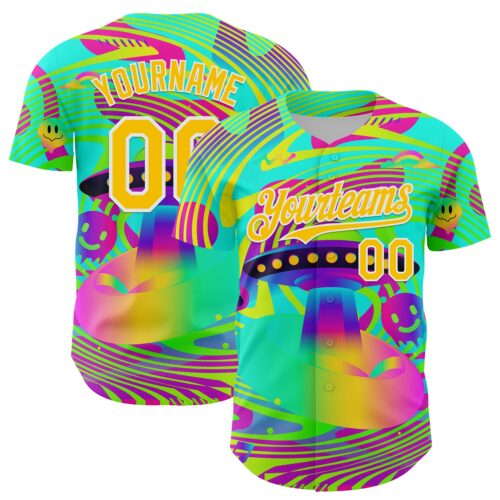 3DPattern7980 Custom Green Yellow-White 3D Pattern Design Trippy Acid UFO Authentic Baseball Jersey
