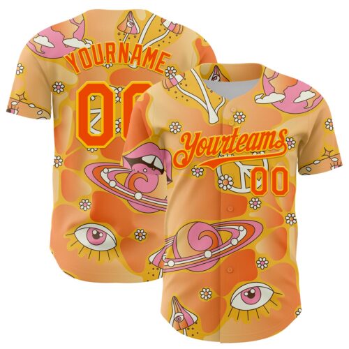 3DPattern7981 Custom Gold Orange-Yellow 3D Pattern Design Trippy Magic Mushrooms Groove Authentic Baseball Jersey