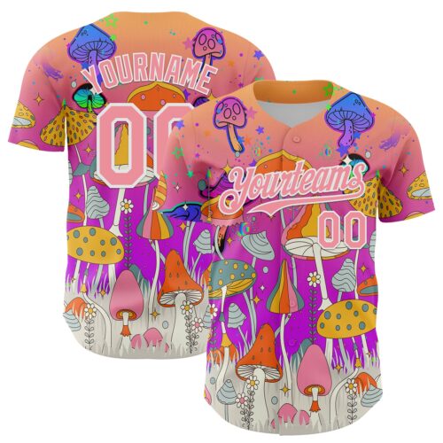 3DPattern7985 Custom Pink Medium Pink Purple-White 3D Pattern Design Trippy Magic Mushrooms Hippie Authentic Baseball Jersey