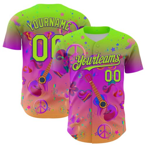 3DPattern7988 Custom Purple Neon Green 3D Pattern Design Trippy Peace And love Hippie Authentic Baseball Jersey