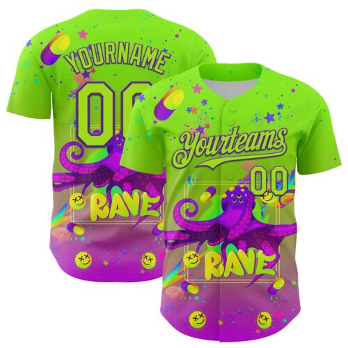 3DPattern7990 Custom Green Neon Green-Purple 3D Pattern Design Trippy Psychedelic Octopus Authentic Baseball Jersey