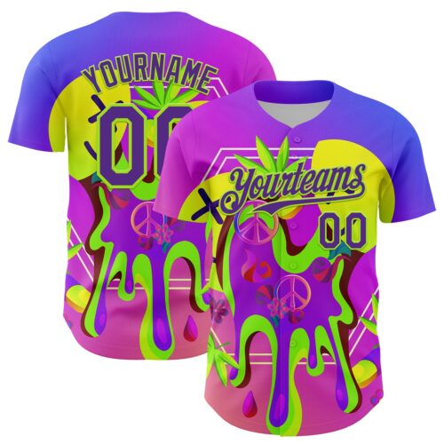 3DPattern7991 Custom Purple Neon Green 3D Pattern Design Trippy Psychedelic Peace Sign Authentic Baseball Jersey