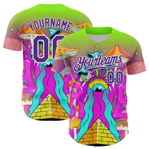 3DPattern7992 Custom Green Purple-White 3D Pattern Design Trippy Magic Mushrooms Acid Authentic Baseball Jersey