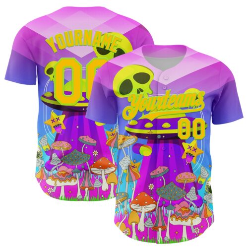 3DPattern7994 Custom Purple Yellow-Neon Green 3D Pattern Design Trippy Magic Mushrooms Alien Authentic Baseball Jersey