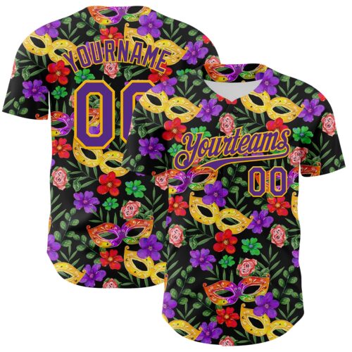 3DPattern8015 Custom Black Purple-Gold 3D Pattern Design Mardi Gras Shrove Tuesday Authentic Baseball Jersey