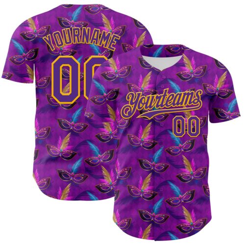 3DPattern8020 Custom Purple Gold 3D Pattern Design Mardi Gras Shrove Tuesday Authentic Baseball Jersey