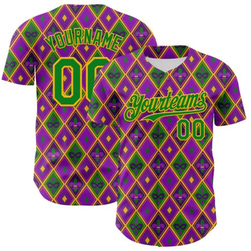 3DPattern8021 Custom Purple Grass Green-Gold 3D Pattern Design Mardi Gras Shrove Tuesday Authentic Baseball Jersey