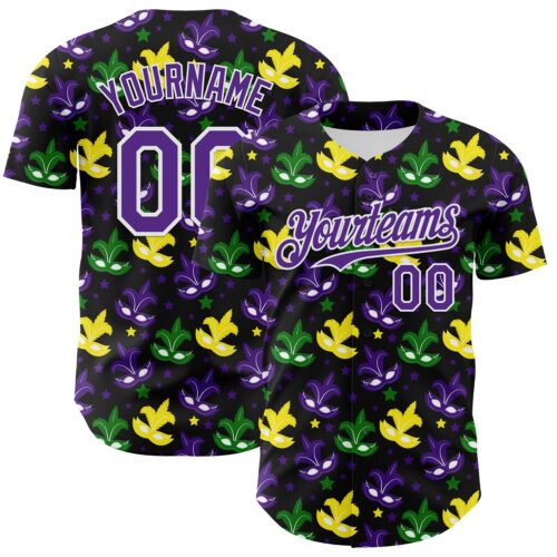 3DPattern8022 Custom Black Purple-White 3D Pattern Design Mardi Gras Shrove Tuesday Authentic Baseball Jersey
