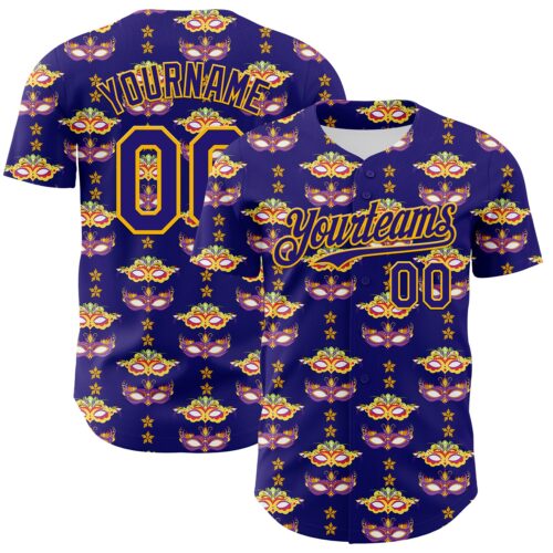 3DPattern8023 Custom Dark Purple Gold 3D Pattern Design Mardi Gras Shrove Tuesday Authentic Baseball Jersey
