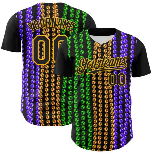 3DPattern8024 Custom Black Gold 3D Pattern Design Mardi Gras Shrove Tuesday Authentic Baseball Jersey