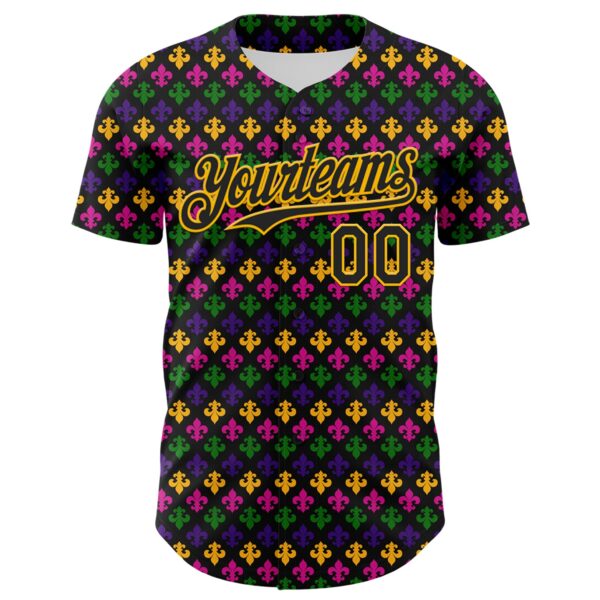 Custom Black Gold 3D Pattern Design Mardi Gras Shrove Tuesday Authentic Baseball Jersey