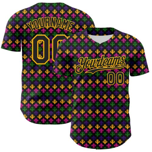 3DPattern8026 Custom Black Gold 3D Pattern Design Mardi Gras Shrove Tuesday Authentic Baseball Jersey
