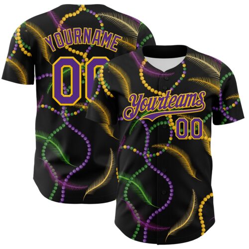 3DPattern8028 Custom Black Purple-Gold 3D Pattern Design Mardi Gras Shrove Tuesday Authentic Baseball Jersey