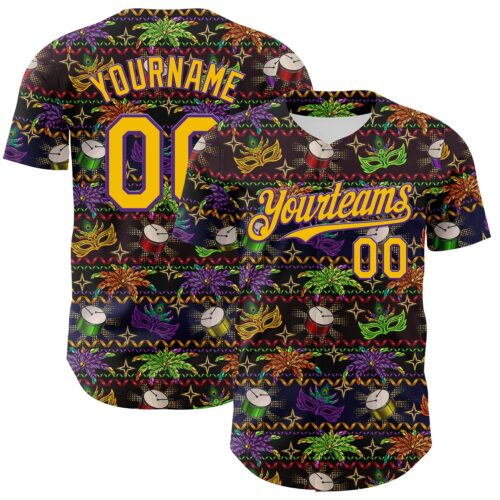 3DPattern8032 Custom Black Gold-Purple 3D Pattern Design Mardi Gras Shrove Tuesday Authentic Baseball Jersey