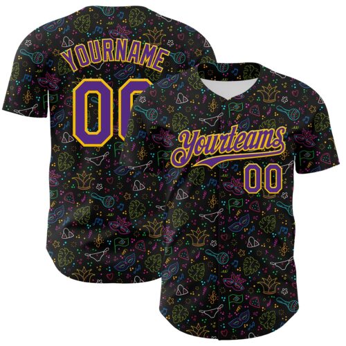 3DPattern8035 Custom Black Purple-Gold 3D Pattern Design Mardi Gras Shrove Tuesday Authentic Baseball Jersey