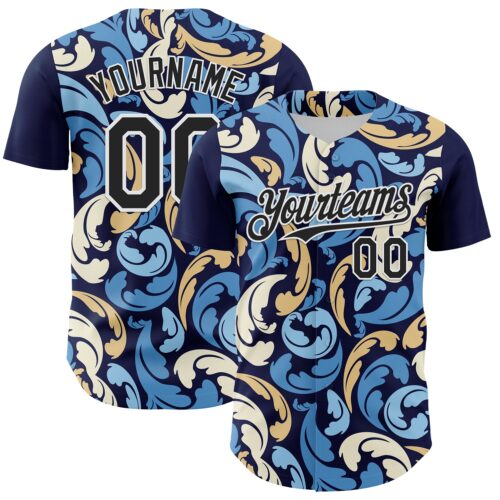3DPattern8036 Custom Navy Black-White 3D Pattern Design Burner Costumes Floral Grunge Authentic Baseball Jersey