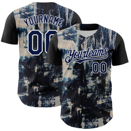 3DPattern8040 Custom Black Navy-White 3D Pattern Design Burner Costumes Grungy Authentic Baseball Jersey