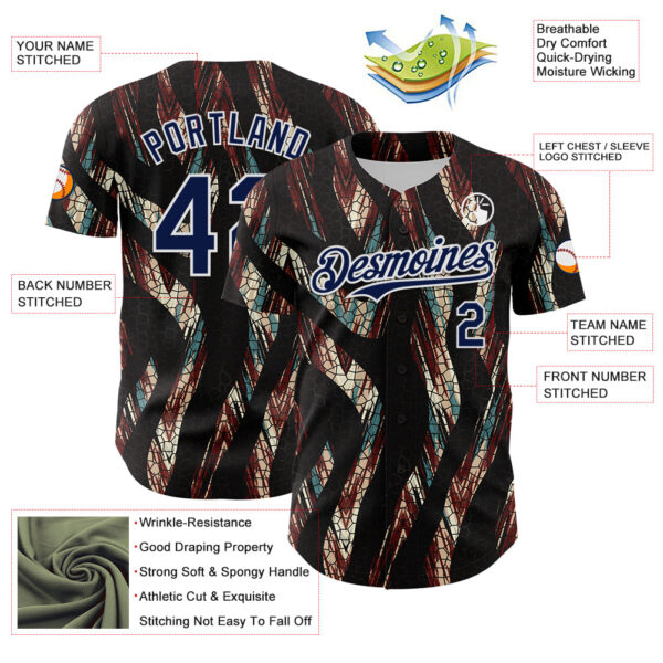 Custom Black Navy-White 3D Pattern Design Burner Costumes Animal Print Authentic Baseball Jersey