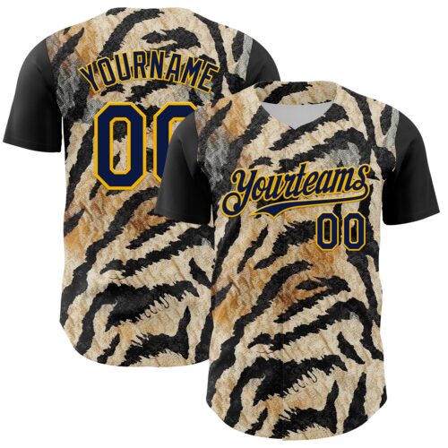 3DPattern8048 Custom Black Navy-Gold 3D Pattern Design Burner Costumes Tiger Print Authentic Baseball Jersey