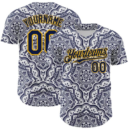3DPattern8049 Custom Navy Gold 3D Pattern Design Burner Costumes Damask Authentic Baseball Jersey