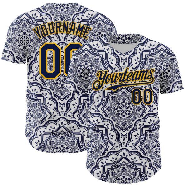 Custom Navy Gold 3D Pattern Design Burner Costumes Damask Authentic Baseball Jersey