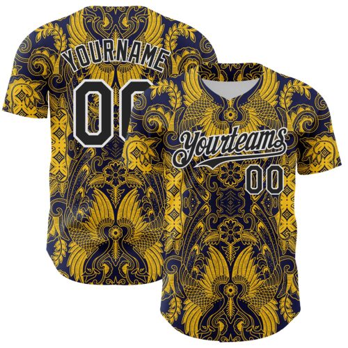 3DPattern8050 Custom Navy Black Yellow-White 3D Pattern Design Burner Costumes Paisley Authentic Baseball Jersey