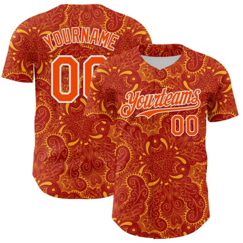 3DPattern8051 Custom Red Orange Gold-White 3D Pattern Design Burner Costumes Paisley Authentic Baseball Jersey