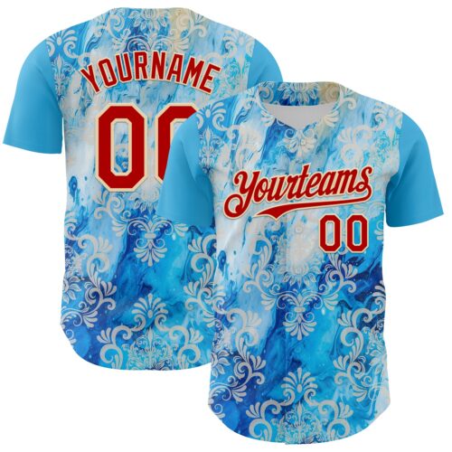 3DPattern8057 Custom Sky Blue Red-Cream 3D Pattern Design Burner Costumes Paisley Bandana Authentic Baseball Jersey