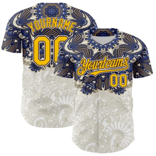 3DPattern8068 Custom White Yellow-Brown 3D Pattern Design Burner Costumes Paisley Authentic Baseball Jersey