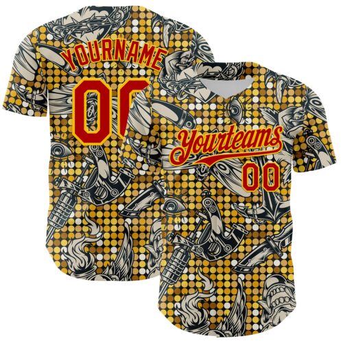 3DPattern8080 Custom Black Red-Yellow 3D Pattern Design Rave Party Tattoos Disco Authentic Baseball Jersey