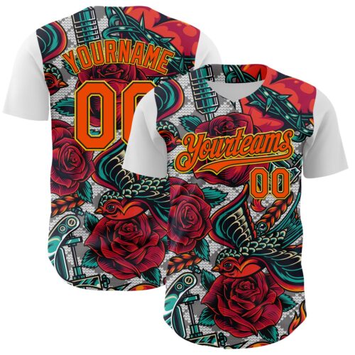 3DPattern8081 Custom White Orange Black-Yellow 3D Pattern Design Rave Party Roses Vintage Tattoos Authentic Baseball Jersey