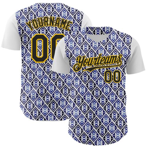 3DPattern8095 Custom White Black Royal-Gold 3D Pattern Design Rave Party Monogram Geometric Shape Authentic Baseball Jersey