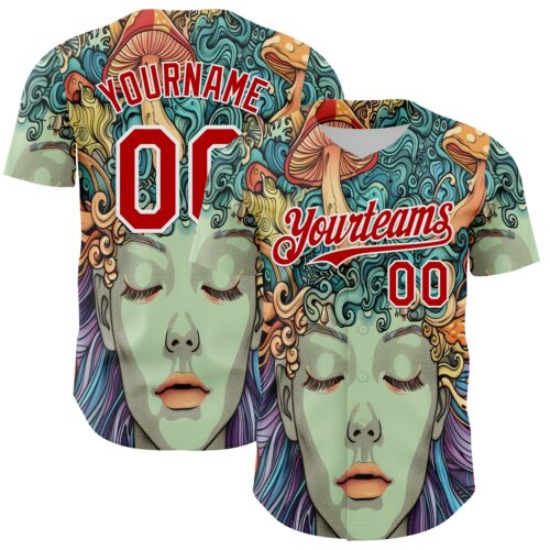 3DPattern8103 Custom Green Red-White 3D Pattern Design Rave Party Trippy Magic Mushroom Authentic Baseball Jersey