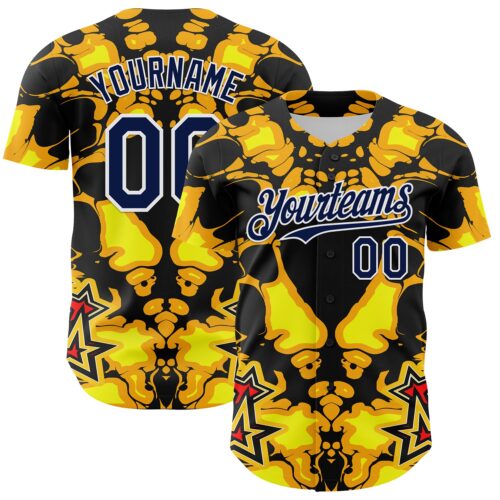 3DPattern8111 Custom Black Navy Yellow-White 3D Pattern Design Burner Costumes Flame Authentic Baseball Jersey