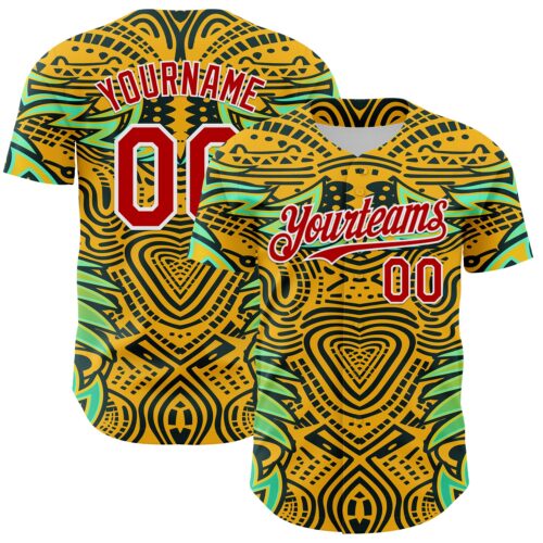 3DPattern8117 Custom Gold Red Black Green-White 3D Pattern Design Burner Costumes Tribal Authentic Baseball Jersey