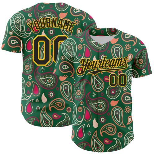 3DPattern8124 Custom Kelly Green Black-Yellow 3D Pattern Design Burner Costumes Paisley Bandana Authentic Baseball Jersey
