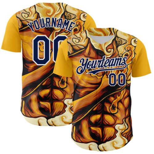 3DPattern8127 Custom Gold Navy-White 3D Pattern Design Burner Costumes Flame Authentic Baseball Jersey