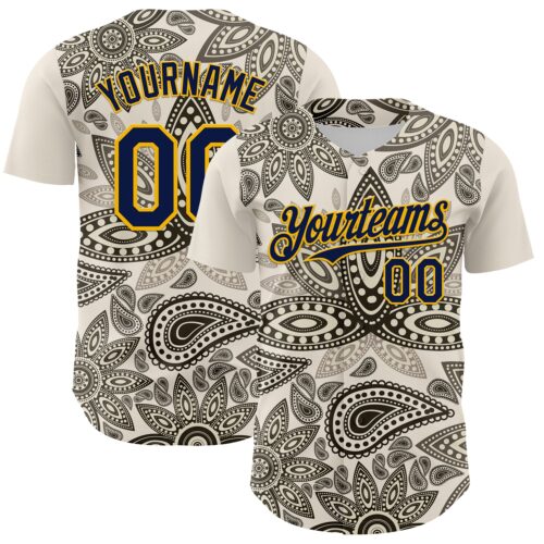 3DPattern8130 Custom Cream Navy-Yellow 3D Pattern Design Burner Costumes Paisley Bandana Authentic Baseball Jersey