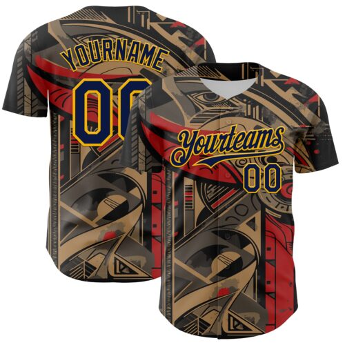 3DPattern8131 Custom Black Navy-Yellow 3D Pattern Design Burner Costumes Abstract Shape Authentic Baseball Jersey