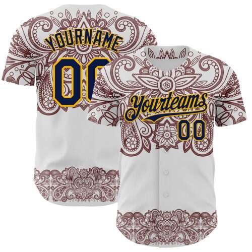 3DPattern8132 Custom White Navy Red-Yellow 3D Pattern Design Burner Costumes Paisley Bandana Authentic Baseball Jersey