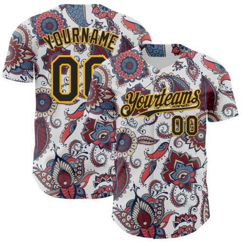 3DPattern8133 Custom White Black-Yellow 3D Pattern Design Burner Costumes Paisley Bandana Authentic Baseball Jersey