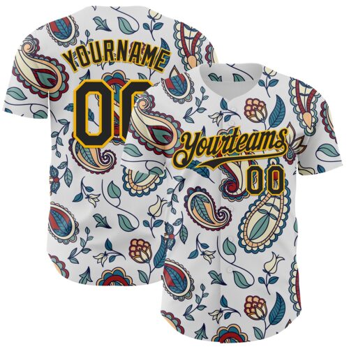 3DPattern8134 Custom White Black-Yellow 3D Pattern Design Burner Costumes Paisley Bandana Authentic Baseball Jersey