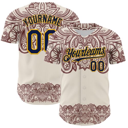 3DPattern8136 Custom Cream Navy Red-Yellow 3D Pattern Design Burner Costumes Paisley Bandana Authentic Baseball Jersey