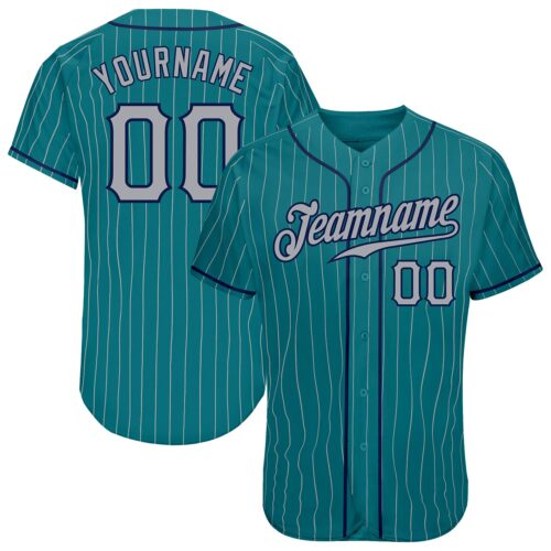 Aqua0096 Custom Teal Gray Pinstripe Gray-Navy Authentic Baseball Jersey